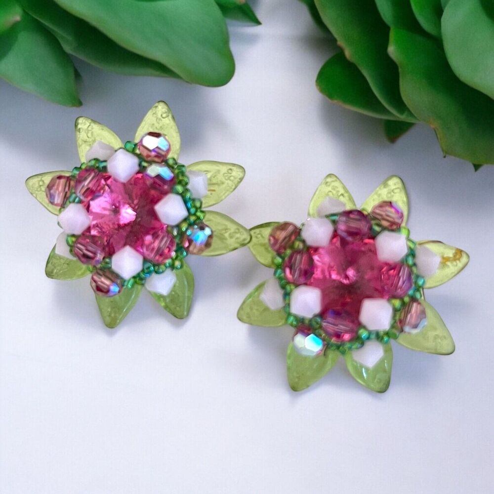 Vintage 1980s Floral Earrings Mixed Media Rhinestone Green Pink - 9Q